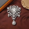 Vintage silver hollow brooch with crystals and teardrop pendants on silk background - Style 4 (Clear White + Silver)
