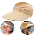 Women's beige open top sun hat with elastic pleated fabric and wide brim design - Camel