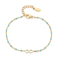 Dettaglio del bracciale infinity oro con perline azzurre e chiusura a moschettone regolabile - Blu Lago