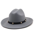 Cappello fedora grigio a tesa larga con fascia in pelle nera e borchie dorate - M(56-58cm) / Grigio chiaro