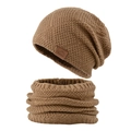 Men's winter knit beanie and neck warmer set in khaki color with fleece lining - Khaki
