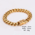 Detalle de pulsera cubana de oro 12mm con cierre de calavera y medidas de producto - Pulsera Dorada de 12mm