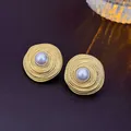 Retro style gold plated round stud earrings featuring spiral texture and white pearl - Gold Winding Spiral Pearl Style (25#)