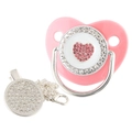 Pink baby pacifier and clip set with sparkling rhinestone heart on white background - Pink Silver Heart