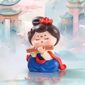 Traditional Tang lady figurine in blue and red Hanfu playing a flute on desk - 1056-15C Playing Flute