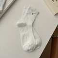 White ribbed cotton crew socks featuring white ribbons and silver heart charms - One Size / White with Bell