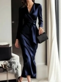 Detail of navy blue satin maxi dress with V-neck wrap and waist tie on female model - S / Dresses / Navy Blue