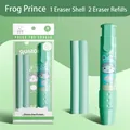 Retractable click eraser set with frog theme, mint green pen shape and two refills - Frog Prince (3 PCS Set) / Green