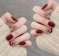 Détails de faux ongles carrés courts dégradé bordeaux et nude avec éclats de feuille d'or - XS / Style Dégradé Feuille d'Or Rouge Ankara (S106) / 10 Pièces