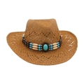 Chapeau de plage en paille avec bande de perles ethniques et pierre turquoise naturelle - Taille unique / Kaki (Perles bleues à rayures de riz)