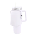 Close-up of white neoprene zipper pouch attached to a 40oz insulated travel tumbler - Single Pocket White