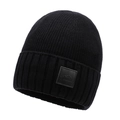 Winter black knit beanie with fleece lining and mountain logo patch for cold weather - One Size / Black