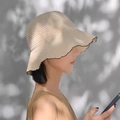 Japanese style beige crochet bucket hat with dark brown wavy trim for summer sun protection - Wavy Edge Bucket Hat Beige