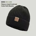 Black chunky knit beanie for men and women with warm grey fleece lining and leather patch - Co Knit Style / Black