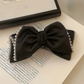 Elegant large black satin bow hair claw clip with white pearl trim for women - Black Pearl Bow Hair Claw