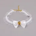 Adjustable white lace choker necklace featuring a satin bow and gold ringing bell charm - White Lace Bowknot Neck Bell Choker / White