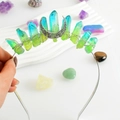 Handmade crystal crown headband with blue-green gradient stones and crescent moon decor - Yellow & Green