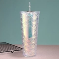 Rainbow mermaid scales glitter tumbler with straw and double-walled plastic finish - 24oz / Aurora Silver
