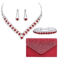 Silver bridal jewelry set with red rhinestones and matching red satin evening clutch bag - Red