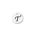 Macro detail of round stainless steel pendant with engraved letter T and mirror finish - Letter T