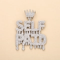 Macro detail of silver-toned Self Paid iced-out pendant with crown design and crystals - Silver SELF-PAID (Crown)