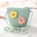 Chic mint green woven straw bucket bag for girls with colorful floral fabric accents - Button Large 2 Flowers / Green