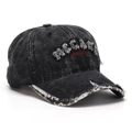 Detail of Megan embroidery on distressed grey baseball cap with leopard print underlay - One Size / Black Grey (A)