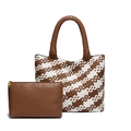 Brown and white woven tote bag set with a matching solid brown zipper pouch accessory - Brown and White