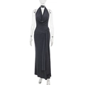 Detail of dark grey halter maxi dress featuring waist ties and elegant slim fit cut - S / Dark Gray