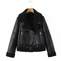 Dames bikerjack in zwart imitatieleer met lamswol voering en verstelbare riem - XS / Tops / Zwart (Zwarte Kraag)
