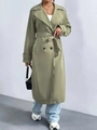 Elegante olijfgroene lange trenchcoat met dubbele rij knopen, riem en brede revers - S / Groen