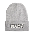 Bonnet en maille gris foncé avec broderie MAMA blanche pour femme en hiver - Style MAMA / Gris clair