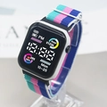 Square white digital sports watch with a colorful striped nylon band and heart rate display - Mint Green + Rose Pink + Blue Patchwork