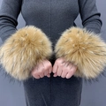 Brown faux fur wrist cuffs shown on grey knit sleeves for women winter accessory - Yellow Black Jacquard