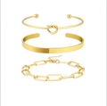 Dreiteiliges vergoldetes Schmuckset mit flachem Armreif und Gliederkette für Damen - Gold (Knotenarmreif/Glatter Armreif/Große Gliederkette)