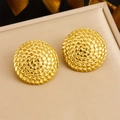 Macro detail of gold vintage twist earrings with textured relief on jewelry tray - Round Embossed Texture Earrings (E6201)