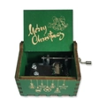 Green wooden hand-crank music box with Merry Christmas carvings and metal mechanism - Christmas 24/Green/Merry Christmas Engraving 3
