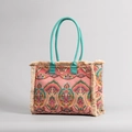 Bohemian canvas tote bag with turquoise handles and colorful retro pattern - Turquoise Paisley