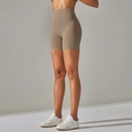 High-waisted dark khaki yoga shorts in matte fabric for women with body shaping fit - Cocoa