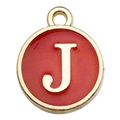 Golden round enamel charm with letter J in vibrant red for DIY jewelry making - Double-Sided Letter J / 1 Piece (12x14mm) / Red