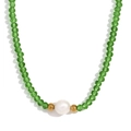 Green crystal beaded necklace featuring a white freshwater pearl with gold accent beads - True Green Transparent