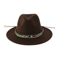 Detail of dark brown fedora hat featuring a colorful bohemian beaded ethnic hatband - 58cm / Coffee