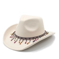 Close-up of beige felt cowboy hat featuring ethnic patterned band and colorful bead tassels - M (56-58cm) / Beige