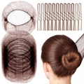 Bruine haarstyling set met twee haarnetjes en twaalf U-vormige golvende spelden op wit - 20 koffienetten + 40 U-pinnen / Bruin