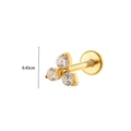 Macro view of a 0.45cm gold flat back stud featuring a sparkling three-zircon flower cluster - Clover/Small Flower Style / Golden Yellow