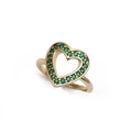 Detail of gold heart ring with micro-pave green zircon stones on white background - Hollow Heart Green Zirconia