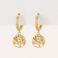 Detail of gold huggie earrings with a sparkling zircon encrusted Tree of Life pendant - L-Tree of Life