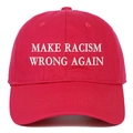 Detailed close-up of white 3D embroidery on a red cotton twill baseball cap - Rose Red / Adjustable