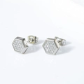Silver hexagonal stud earrings featuring pavé cubic zirconia with butterfly backings - Hexagon Silver