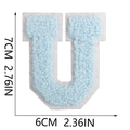 Detailed size view of a 7cm light blue chenille letter U towel embroidery patch - Letter U / Light Blue